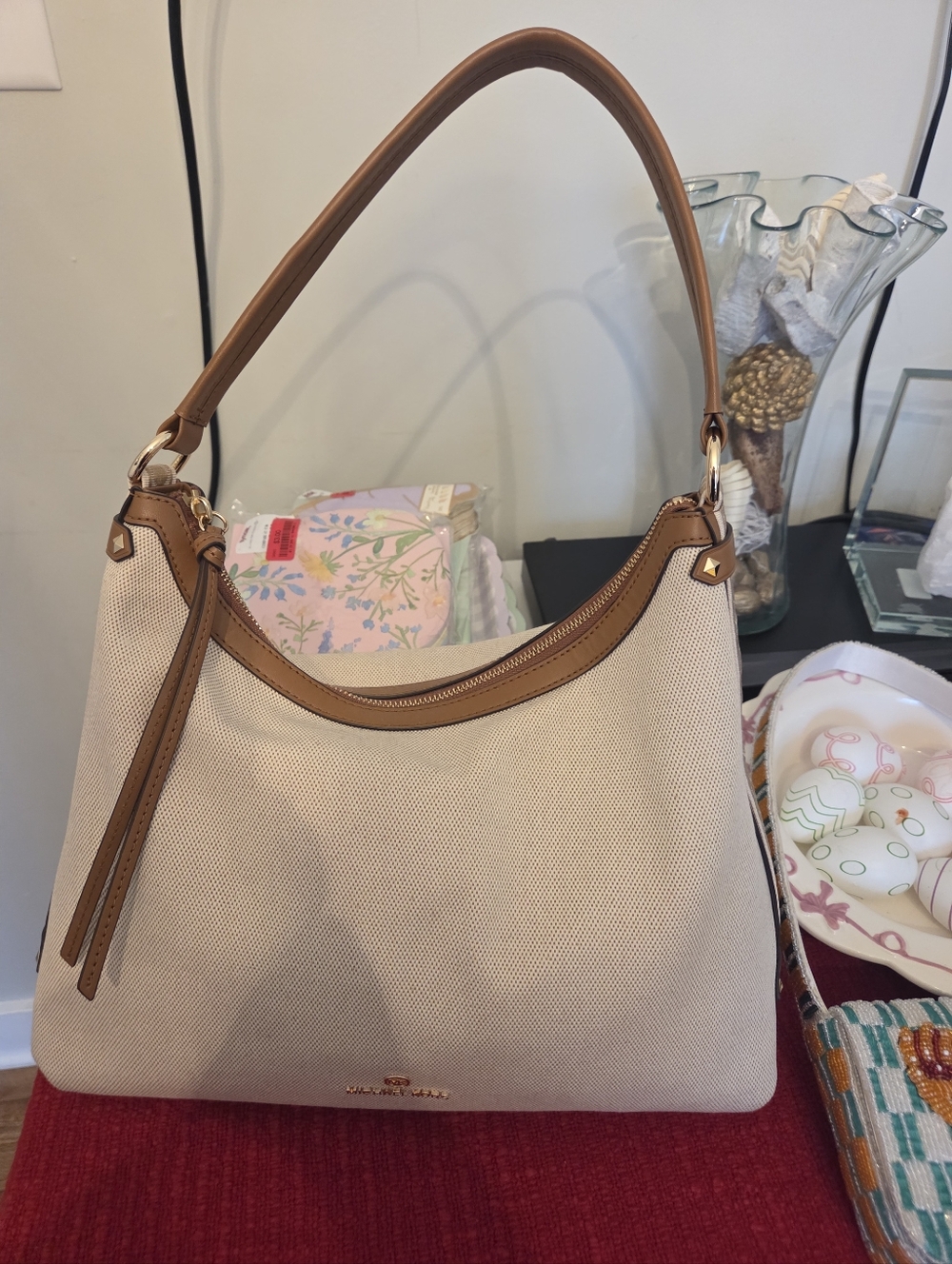 Michael Kors Cream Canvas Shoulder Bag with Tan Trim